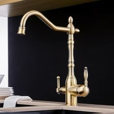 a golden faucet on top of a kitchen counter