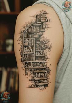 a man's arm with bookshelf tattoo on it