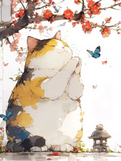 a cat sitting on the ground next to a tree with flowers and butterflies flying around