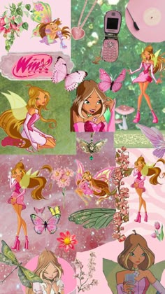 a collage of pictures with different types of flowers and fairy characters on them, including a cell phone