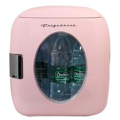 a pink ice chest with two bottles in it and an automatic timer on the side