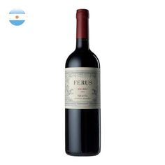 a bottle of red wine on a white background with the word ferus written below it