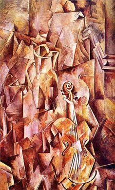 an abstract painting with various shapes and colors, including the image of a woman holding a guitar