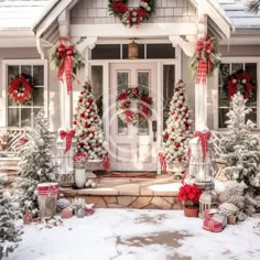 a house decorated for christmas with wreaths and decorations