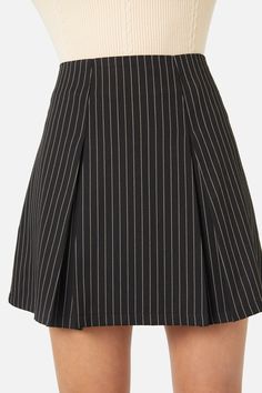 Pinstripe pleated skirt- retro & so cool, our abigail styles make for the perfect mix and match moments - cute box pleated style- mini length- high waisted - back invisible zipper closure - lined in a smooth polyester elastane blend- made of a polyester, cotton, elastane blend - available in black Product Code: PGFX275 Chic Striped Fitted Skort, Chic Fitted Striped Skort, Chic Pinstripe Skirt For Spring, Chic Striped Skort For Spring, Fitted Striped Mini Skort, Fitted Striped Skort With Pleated Skirt, Striped Fitted Flared Skirt, Striped Fitted Short Length Skort, Chic Fitted Skirt With Striped Hem