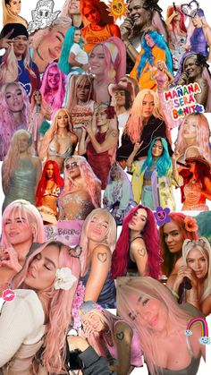 the collage shows many different women with pink hair