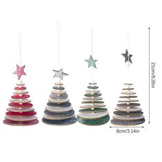 three wooden christmas trees with stars hanging from them