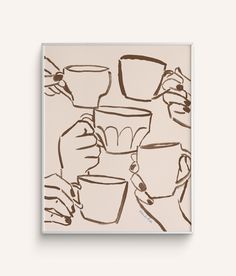 a drawing of coffee cups being held by hands