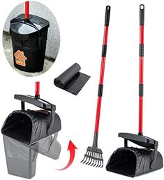 two brooms and a trash can are shown with the same cleaning tool in it