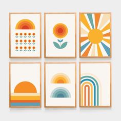 four framed art prints with different shapes and colors on them, each featuring an orange flower