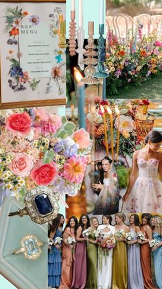 a collage of photos with flowers, candles and pictures on the wall in front of them