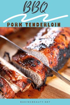 pork tenderloin is being sliced on a cutting board