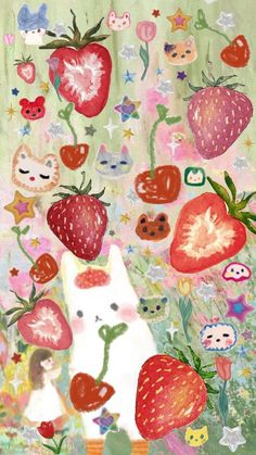 a painting with strawberries, strawberrys and cats on it