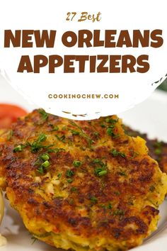 some crab cakes on a white plate with the words new orleans appetizers above it