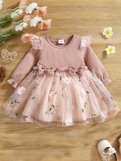 Rosa empoeirado  Collar Manga Comprida Chiffon Floral Em A Embellished Elasticidade Baixa Tutu En Tulle, Floral Mesh Dress, Baby Party Dress, Mesh Overlay Dress, Kids Clothing Brands, Girls Casual Dresses, Wedding Flower Girl Dresses, Princess Outfits