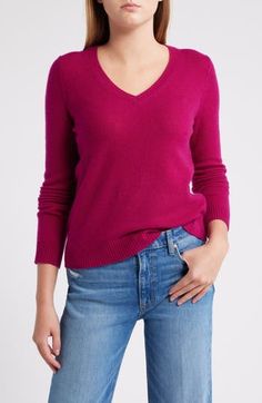 Wear and enjoy forever this V-neck sweater knit from pure cashmere in colors to enhance any look or mood. 22" length (size Medium) V-neck Long sleeves Ribbed cuffs and hem 100% cashmere Dry clean Imported V Neck Pink Sweater, Cashmere Outfits, Sweater Knit, Pink Sweater, V Neck Sweater, Vneck Sweater, Neck Sweater, Sweater Top, Knitted Sweaters