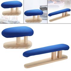 three images show the different stages of making a wooden bench with blue fabric on it