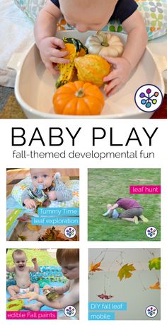 a baby playing with some pumpkins and other things in the bowl that he is holding