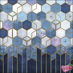 an abstract blue and gold background with hexagonal shapes