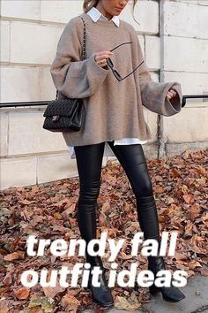 Stile Blair Waldorf, Adrette Outfits, Black Leggings Outfit, Fest Outfits, Loose Fit Sweater, Cozy Fall Outfits, Crewneck Style, Shein Outfits