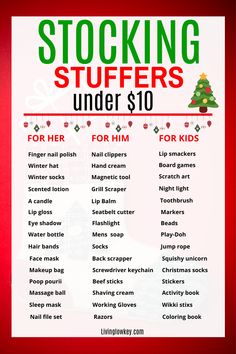 a christmas stocking stuff list on a red background with the words stockings under $ 10