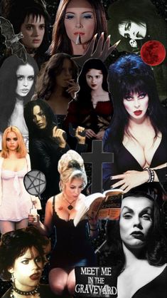 collage of women in black and white with red moon behind them, including the words meet me in the graveyard