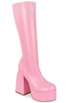 Pink platform boots with a retro edge Pink Boot Heels, Pink Go Go Boots, Cupid Halloween, Chunky High Heel Boots, Sabrina Concert, Pink Platform Boots, Chunky Fashion, Pink Platform Shoes, Leather Platform Boots