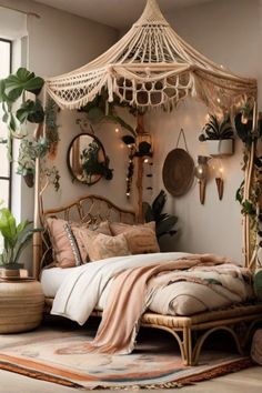 a bed room with a large bed and lots of plants