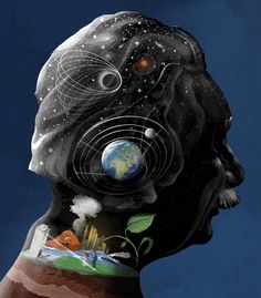 a man's head with an image of the earth in his face and air bubbles coming out of it