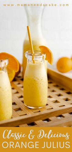 orange juice in small glasses on a tray