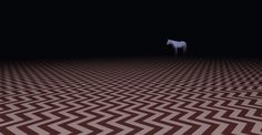 a white horse standing in the middle of a room with brown and white chevron flooring