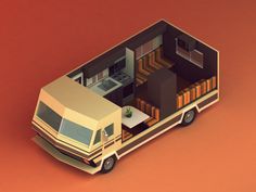 an image of a car that is in the shape of a house with furniture inside