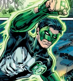 the green lantern is flying through the air with his arms outstretched and eyes closed,