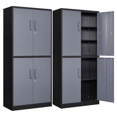 two steel storage cabinets with doors open and closed on each side, one is gray