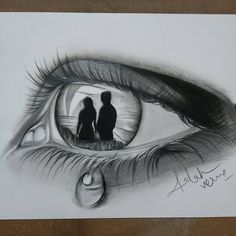 a drawing of two people looking at each other through an eye with the reflection of their eyes