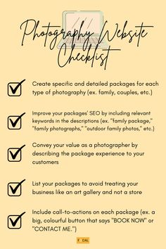 a yellow poster with black writing on it that says photography website checklist and the words, create specific and detailed images for each type