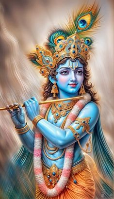 a painting of a hindu god holding a flute