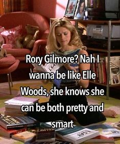 a woman sitting on the floor with books in front of her and text that reads, ron gitmore? nah i wanna be like ellen woods she knows she can be both pretty and smart