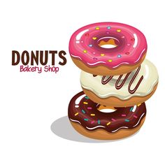 three donuts stacked on top of each other with the words donuts bakery shop above them