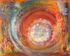 an abstract painting with many colors and shapes in the center, as well as circles