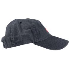 a black hat with red and white letters on it