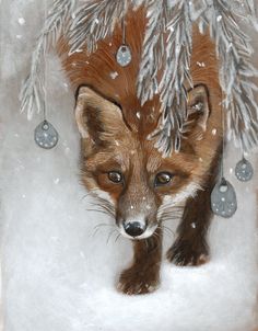 a painting of a fox in the snow with ornaments hanging from it's back