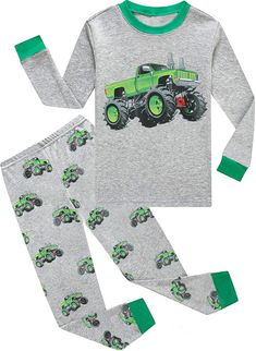 PRICES MAY VARY. High Quality: Breathable cotton fabric, soft touch feeling, natural cotton protect baby delicate skin Well printed, not fade, easy put on/off, crew neck tops & elastic waistband pants which non-slip and painless Cute Pajama: Boys favor-Dinosaur, Tractor, Monster Truck, Solar System Planets print, Long sleeve pant sets, suit for Fall, Winter, Spring 2 Piece Clothing Sets: the best toddler gift for birthday pajamas party, Thanksgiving, Christmas or any special occasion. Perfect pa