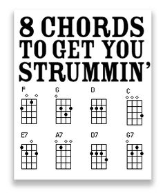 a poster with the words 8 chords to get you strummin'on it