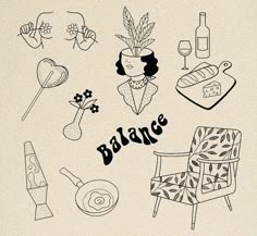 an image of some food and drinks on a white background with the word balance written in black