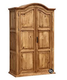 a wooden armoire with two doors on the front and one door open to reveal a room