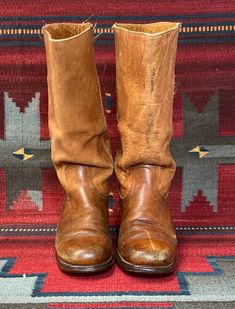 From Blackbird Vintage of Sedona, Arizona  This is a great pair of made in USA Vintage Frye Campus boots, Men's size 9D. (Should fit a ladies size 10 1/2 or a size 10 with a thicker sock ) These great boots have an amazing patina and are 14" Tall, inclusive of a 2" heel. Fabric pulls. They have a western ranch type of feel and are  brown in color. They are in extremely distressed and broken-in vintage condition, with lots of condition issues including needing new soles.  (Please watch video!) Le Vintage Distressed Boots For Fall, Distressed Vintage Boots With Round Toe, Vintage Distressed Boots With Round Toe, Fitted Vintage Brown Snip Toe Boots, Vintage Boots Used 8.5, Vintage Frye Campus Boots, Vintage Brown Rugged Boots With Snip Toe, Frye Campus Boots, Vintage Frye Boots