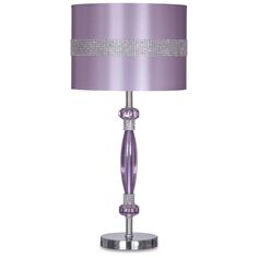 a table lamp with a purple shade and crystal beading on the bottom, in front of a white background