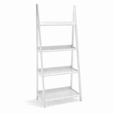 a white shelf with three shelves on each side and two levels above the top, in front of a white background