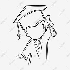 a black and white drawing of a graduate holding his cap in the air with one hand